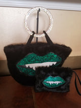 Green Sparkle Mini  Monster Mouth Faux Fur Large Wristlet
