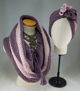 Deep Lavender with Baby Pink Stripes Drawstring Cowl OOAK