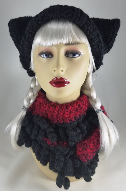 Ember Red & Coal Black Spiral Curl Scarf OOAK