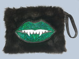 Green Sparkle Mini  Monster Mouth Faux Fur Large Wristlet