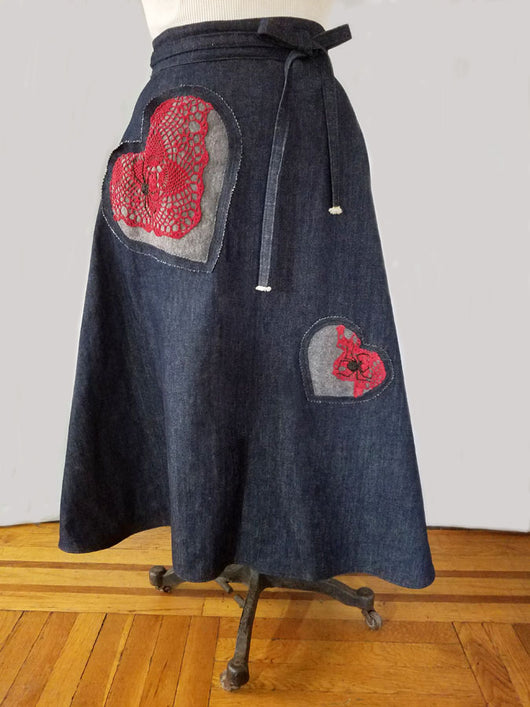 Hearts N' Spiders Dark Denim Wrap Skirt