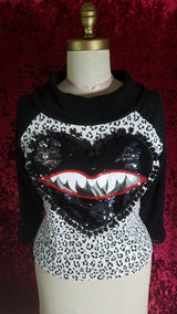 Black Hearted Maneater Monster Mouth Mod Graphic Leopard Print Top