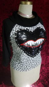 Black Hearted Maneater Monster Mouth Mod Graphic Leopard Print Top