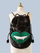 Green Sparkle Monster Mouth Faux Fur Convertable Backpack Messenger Bag