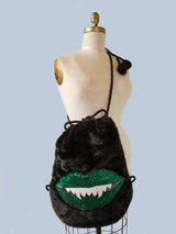 Green Sparkle Monster Mouth Faux Fur Convertable Backpack Messenger Bag