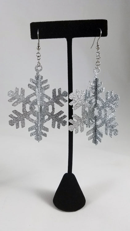Silver Glitter 3D Snowflake Earrings