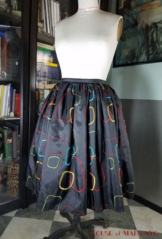 Black Atomic Bright Geometric Embroidered Full Skirt- Custom Sized