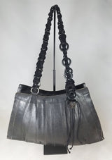 Vintage Reclaimed Large Black Leather Bag with Beaded Lucet Cord Handles & Skulls